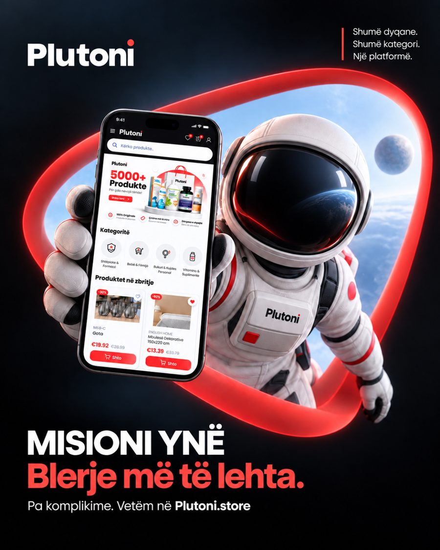 Astronaut që mban telefonin me aplikacionin Plutoni
