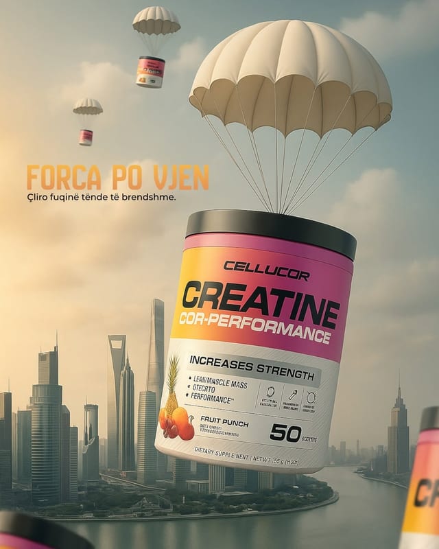 Kuti Creatine që zbret me parashutë mbi qytet