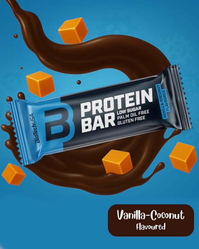 Protein Bar vanilje-kokos mbi sfond blu