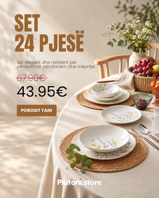 Set pjatash 24 pjesë i shtruar në tavolinë