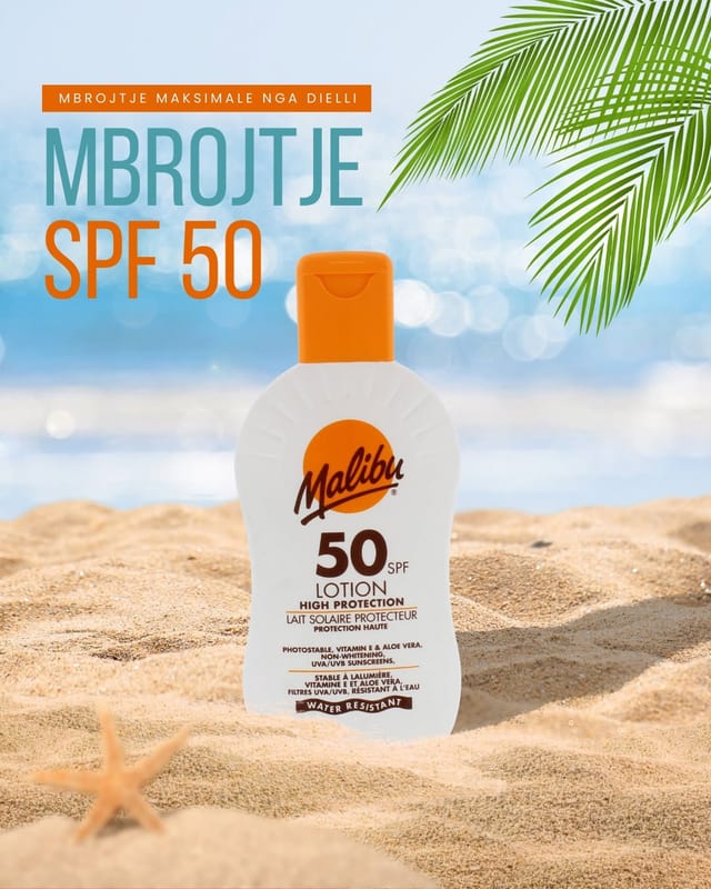 Losion Malibu SPF 50 mbi rërë plazhi