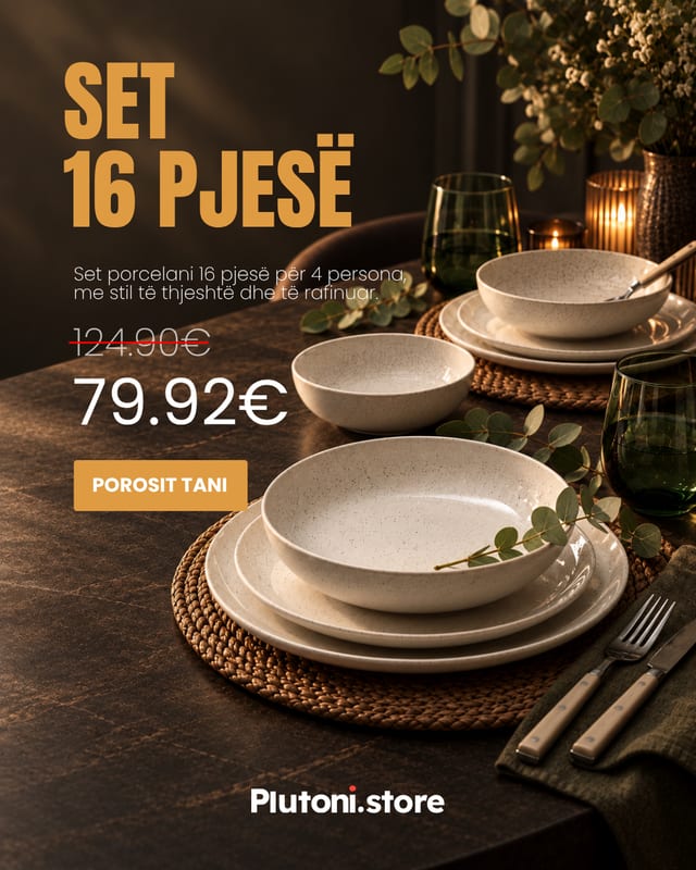 Set porcelani 16 pjesë në tavolinë të errët