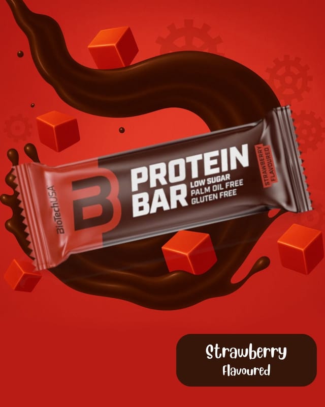 Protein Bar me luleshtrydhe mbi sfond të kuq